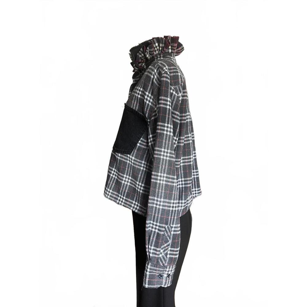 Handmade Upcycled Cropped Flannel Denim & Plaid Ruffled Collar One-of-a-Kind π€β€οΈ - Picture 10 of 13